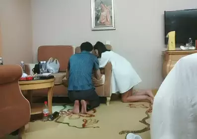A cute little girl with a petite body and short hair, kneeling down to give a deep throat blowjob to a big dick, riding sideways and fucking hard, the girl can't stand it