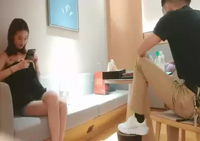 girl in shorts wears fishnet stockings and spreads her legs. She applies lubricant and gives a deep throat blowjob. She lifts her ass and gets fucked hard from behind.