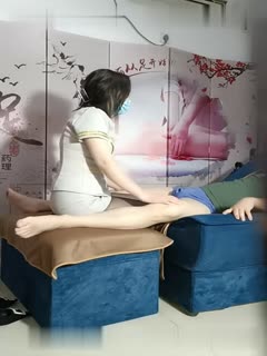 Old man hooks up with female technician in foot massage, uniform and black stockings, oral sex and handjob