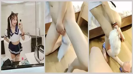 Yaoyao high-value sexy girl sexy outfit double ponytail sex, with a mouth plug close-up...