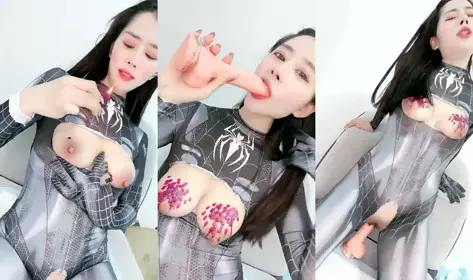 Ponytail busty goddess, Spider-Man erotic open crotch outfit, chest cut open to expose breasts, peach breasts tilted open, nipple wax dripping extremely lewd, suspenders black stockings are even more tempting