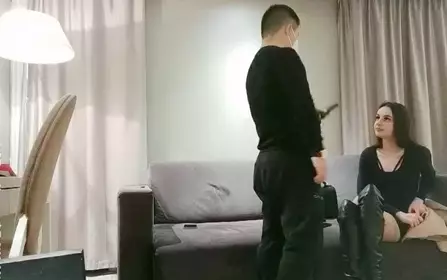 Special appointment girl sexy black boots long legs, deep throat blowjob sofa fucked hard from behind