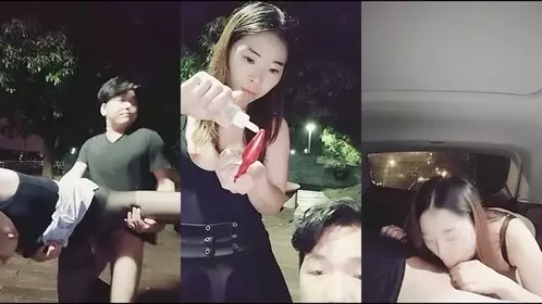 The coquettish young woman is so brave. In order to satisfy her wolf friend at night, she exposes herself to oral sex and licks her breasts outdoors, and then goes back to the car to deep throat and have sex in the car. It is lewd and exciting.