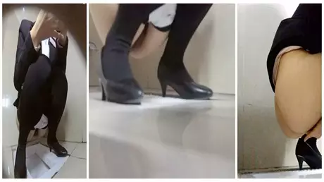 Women's toilet candid shot, stewardess with a pair of slender legs, thick black silk pink underwear