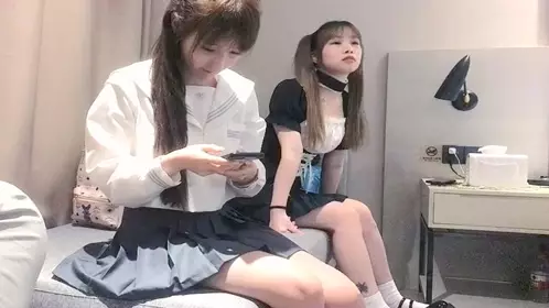 Two cute loli girls double-flying maid JK outfits, oral sex, tongue kissing, 69 licking and riding...