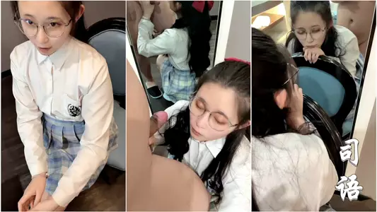 JK goddess gets creampied from behind in front of the mirror.