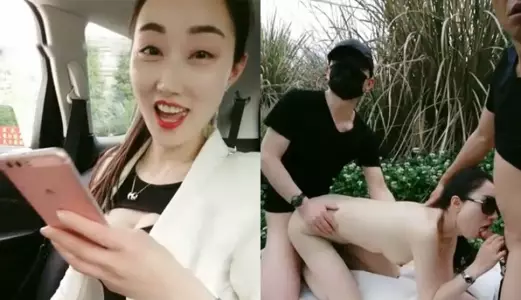!Slutty young woman broadcasts a 3P sex in the wild, the little brother in the back seat can't help but ask the young woman to bite her❤