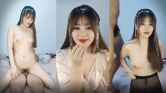 sweet young lady with flaming red lips and perfect looks is having a 3P orgy, kneeling down for an exotic deep throat blowjob, riding with open crotch black stockings, and the beauty is being fucked in turns.