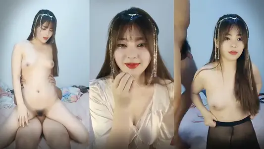 3P lewd sex with a sweet girl with flaming red lips and perfect face, deep throat blowjob on her knees, open crotch black silk riding, the beauty is fucked in turns 1