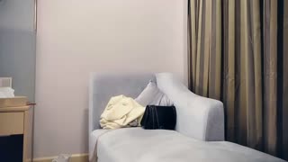 The beautiful big tits girl's underwear is wet, her body is slim and her pussy is hairy, she is fucked by the guy in various positions on the sofa
