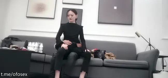About gun white skin beauty stewardess part-time young woman wearing black silk crotch sofa standing grass